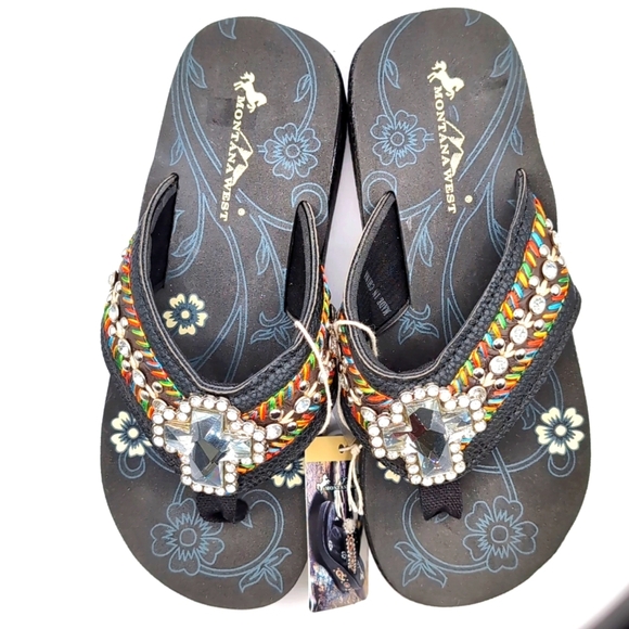 NWT Montana West Black Jeweled Cross Decor Bling Sandals - Size 7 - Picture 10 of 14
